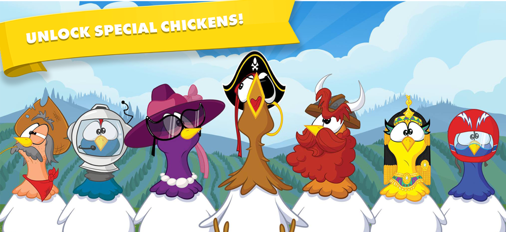 A lineup of seven special chickens in unique costumes to unlock in Chicktionary.