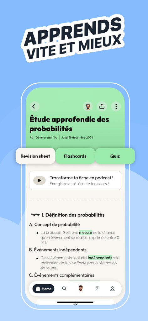 Plume - Fiches de revision - Interfaz de la aplicación Plume mostrando una hoja de repaso generada por IA sobre probabilidad con opciones para tarjetas de memoria, cuestionarios y aprendizaje de audio.