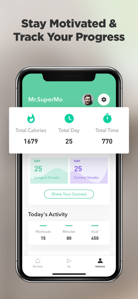 YogaMe｜Yoga for beginners. - YogaMe app dashboard showing fitness statistics including total calories burned workout duration and activity streaks.