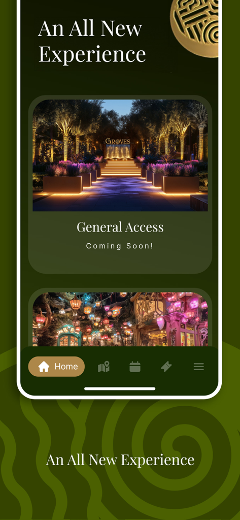 Schermata principale dell'app The Groves Entertainment che mostra immagini di location di lusso e una barra di navigazione