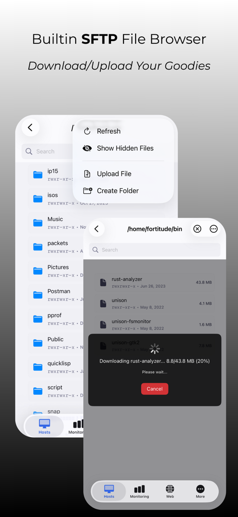 NovaAccess mobile app interface showing the built-in SFTP file browser with folder lists and an active file download progress bar