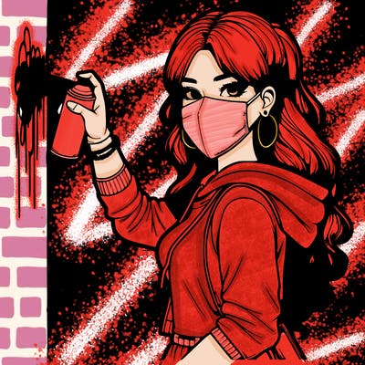 realistic girl with mask spray painting a wall