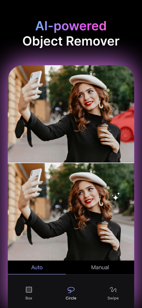 MyEdit: AI Photo Generator - AI搭載オブジェクトリムーバーツールを使用して、背景から車が削除された女性のセルフィーの、前後の比較。