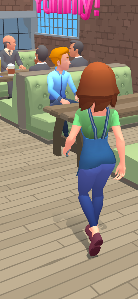 Order please! -Draw&Story game - A waitress in a green shirt and blue overalls walking towards customers in a restaurant booth with a yummy sign above