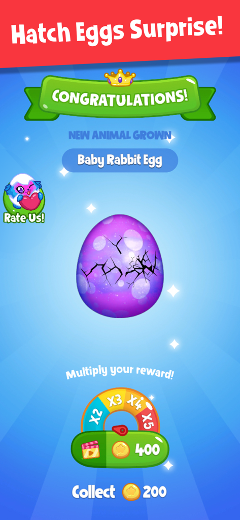 Town Pets - Grow Animals - Un huevo morado moteado rompiéndose en el juego Town Pets para revelar un conejito bebé