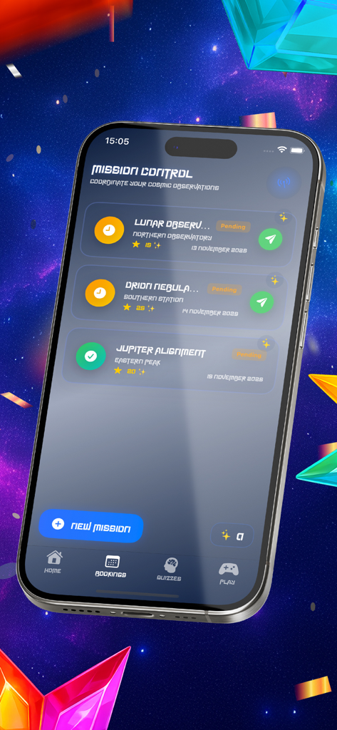 Interface de contrôle de mission de l'application WinStar Universe sur iPhone montrant les prochaines observations cosmiques