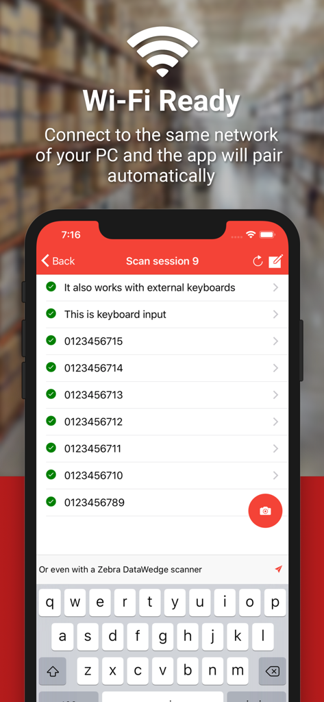 iPhone che mostra la sessione di scansione dell'app Barcode to PC con informazioni sull'accoppiamento Wi-Fi