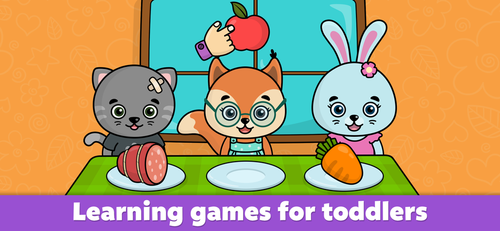 Three cartoon animals being fed in an educational game for toddlers