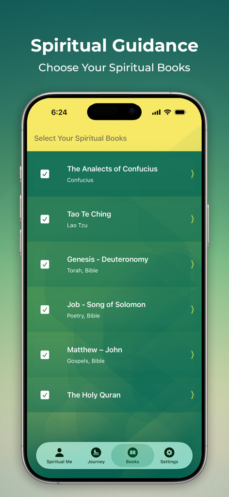 Spiritual Me: Meditation App - Interface of the Spiritual Me app showing a list of spiritual books to select for daily inspiration