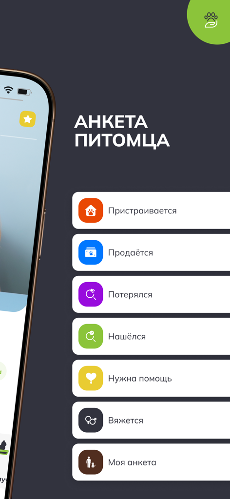 ЗооКлик: счастливый питомец - Ein mobiler Bildschirm der ZooClick-App, der Optionen für den Profilstatus von Haustieren wie Adoption, Verloren/Gefunden und Hilfe benötigt zeigt