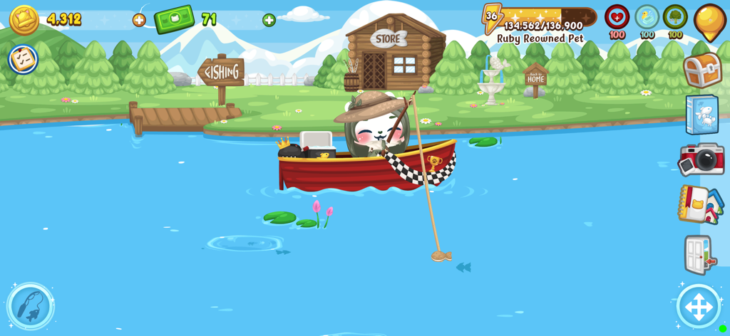 Happy Pet Island - Cute pet character fishing from a red boat on a lake in Happy Pet Island game