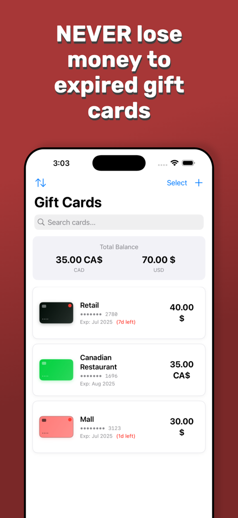 Gift Card Wallet Manager - Mobile app screen showing a list of gift cards with their current balances and expiration date countdowns.