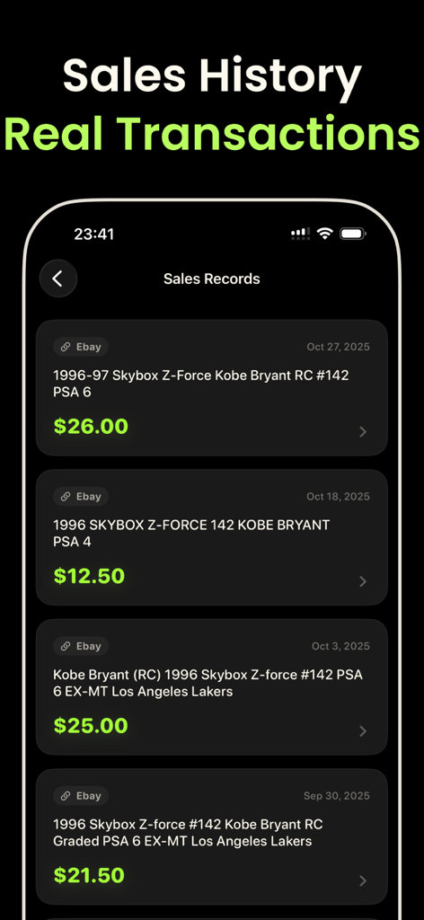 Sports card sales records showing real eBay transaction history and prices for a Kobe Bryant rookie card