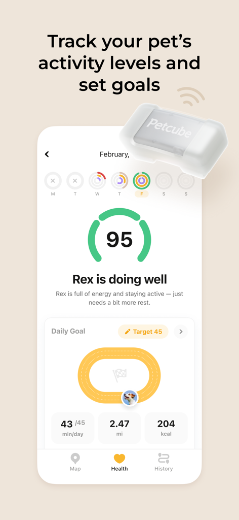 Petcube - Petcube app showing dog activity levels daily goals and fitness tracking rings