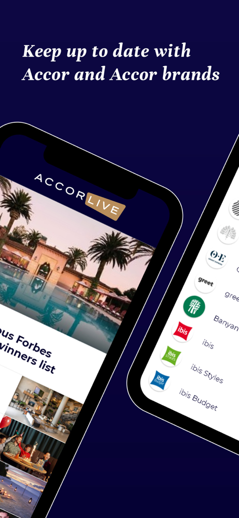 AccorLive - AccorLive app interface displaying hospitality news and a directory of Accor hotel brands