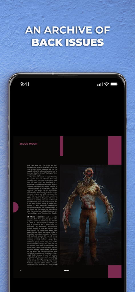 La aplicación Edge magazine muestra un artículo de números anteriores con periodismo y arte de videojuegos de alta calidad