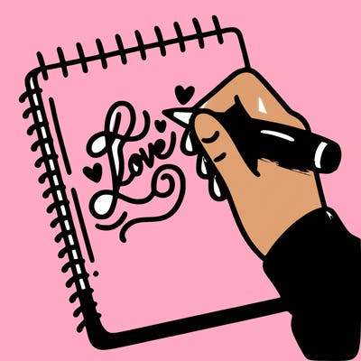 a hand writing “love” in calligraphy on a notebook