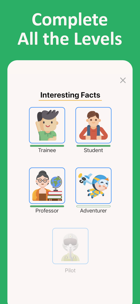 Interesting Facts progression screen in the 50 States and US Capitals Game showing character ranks from Trainee to Pilot