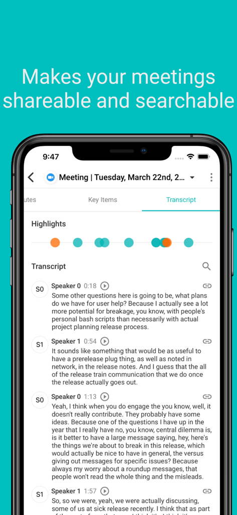 Sembly AI app screen displaying searchable meeting transcript and speaker highlights