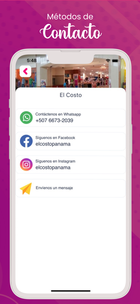 Costo Plus - Interfaz de la app Costo Plus mostrando métodos de contacto para Almacenes El Costo, incluyendo WhatsApp, Facebook e Instagram