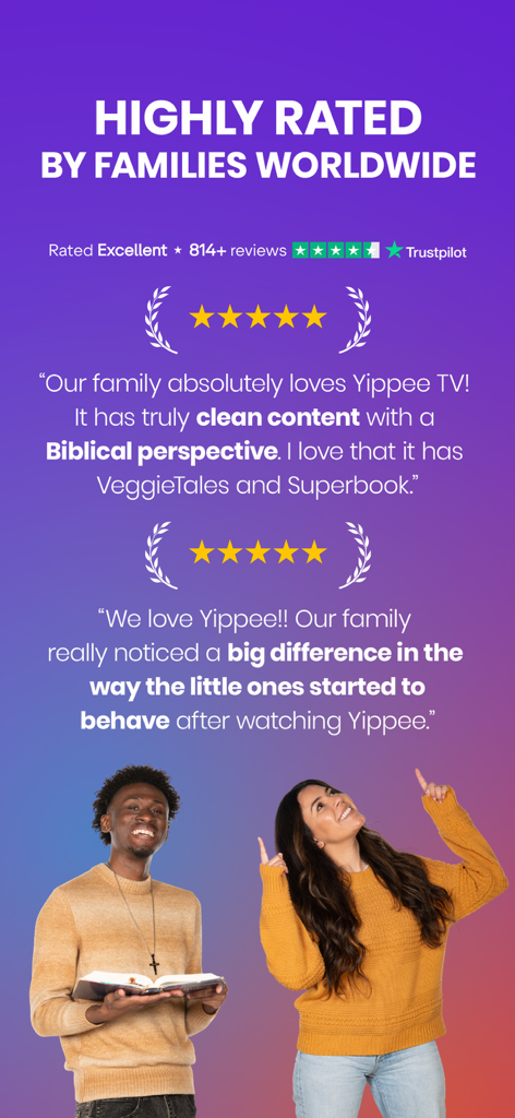 A promotional image for Yippee TV showing high ratings and positive testimonials from families about its Christian content.