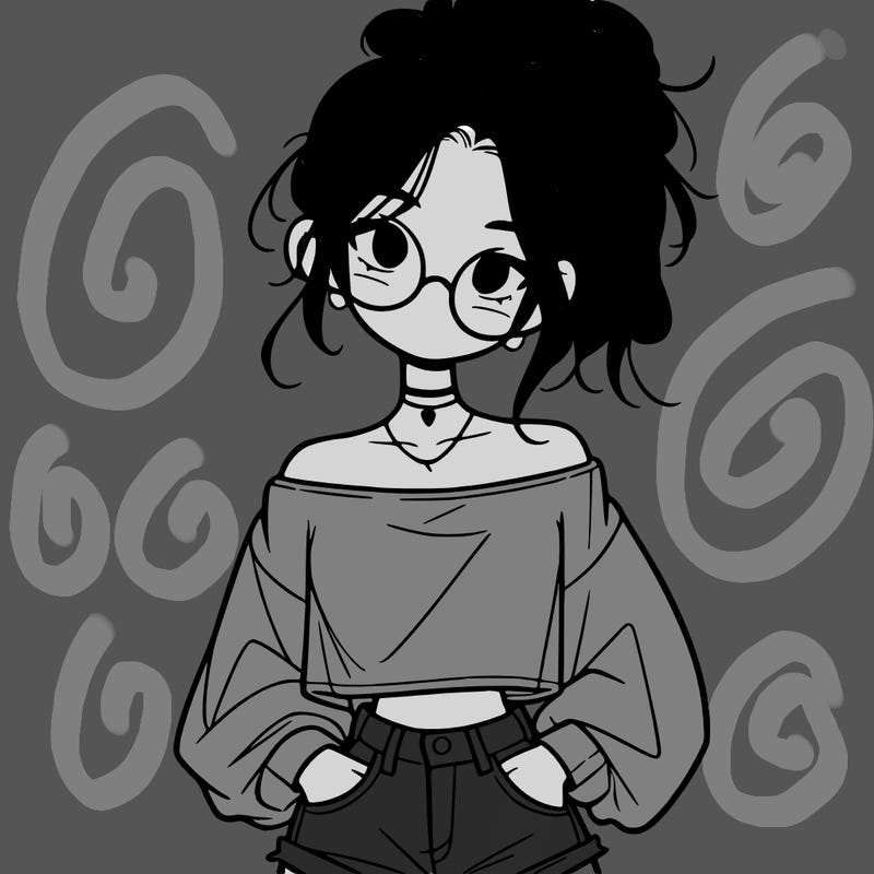 girl with a messy ponytail glasses a baggy crop top and jean shorts