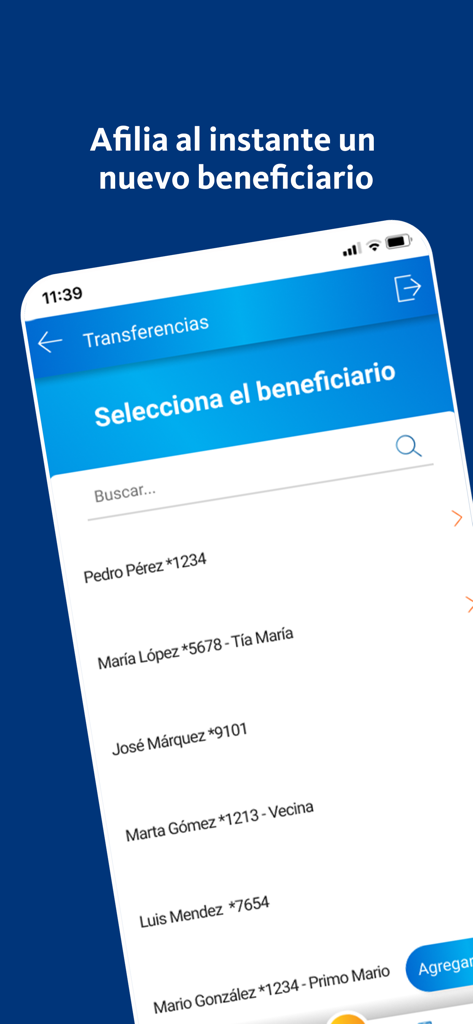 Mercantil Banco - Mercantil Banco mobile app interface for selecting or adding a transfer beneficiary