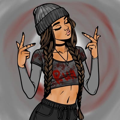 realistic teenage girl with braids and a beanie and crop top doing 🫶🏼