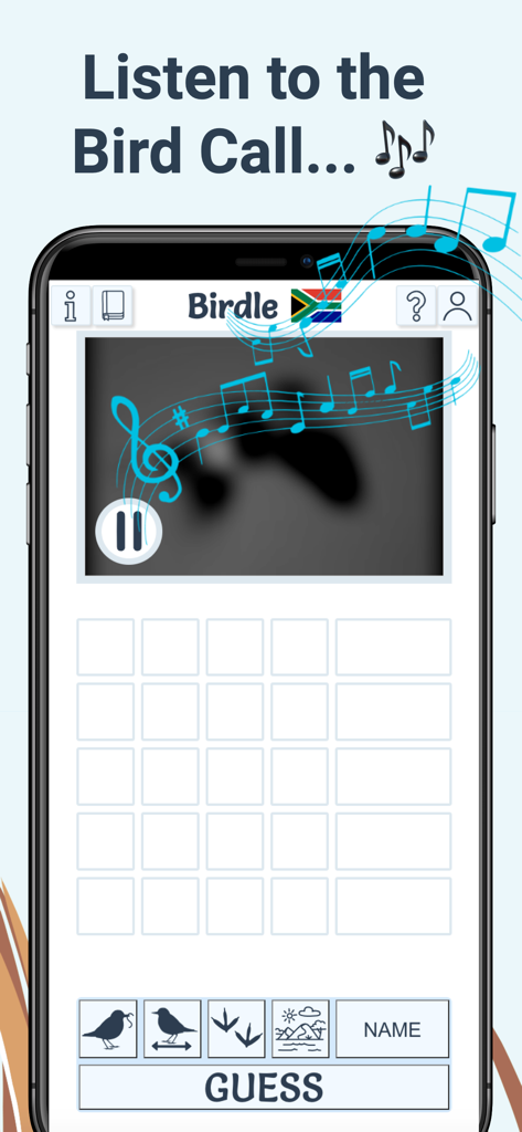 Birdle app interface showing a daily bird guessing game with audio bird call feature
