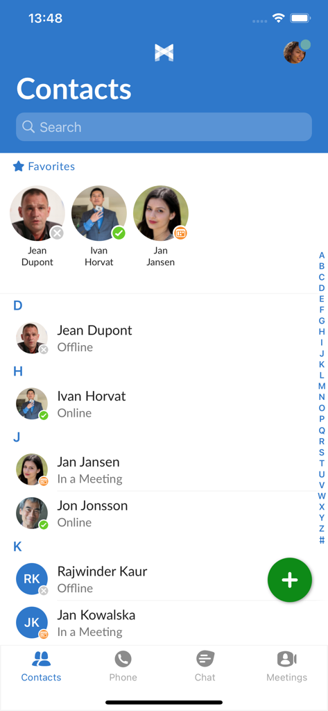 MaX UC - MaX UC app contact list displaying professional contacts with real-time presence status indicators