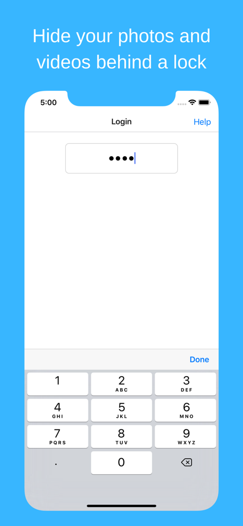 Hide Photos Video -Hide it Pro - Hide it Proのセキュアログイン画面。プライベートな写真や動画のロックを解除するための数値PINパッドが表示されています。