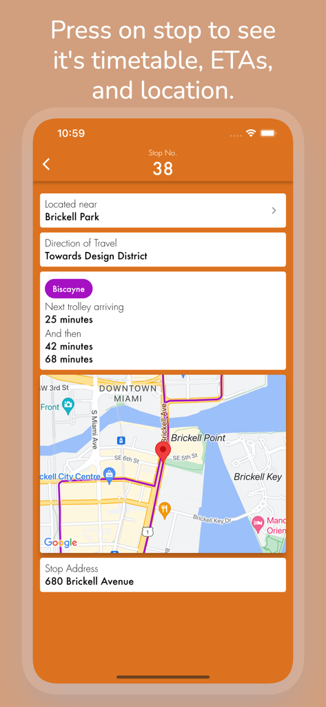 Miami Trolley Tracker app interface displaying real-time arrival times and map location for the Brickell Park trolley stop.