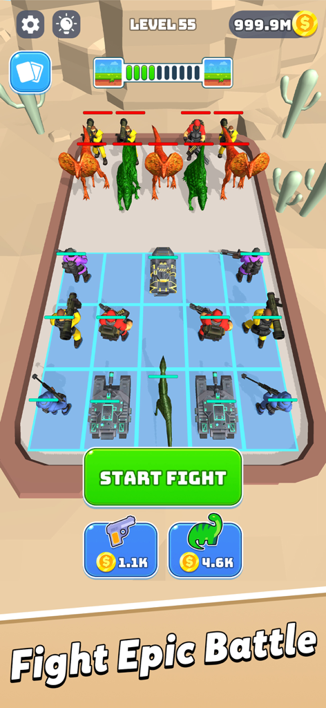 Merge Master: Dinosaurs Game - Tactical battle preparation screen in Merge Master Dinosaurs Game featuring warriors and dinosaurs on a grid