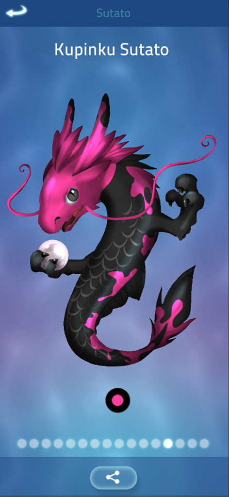 Um dragão rosa e preto vibrante segurando uma pérola no Zen Koi Pro