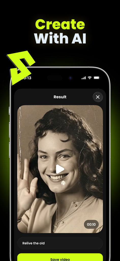 Create Videos for Higgsfield - Mobile app interface for Higgsfield showing an AI generated vintage style video of a woman waving