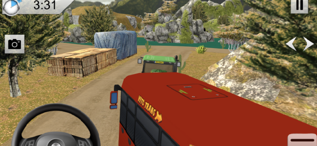 Ultimate Truck Tow Simulator - Gameplay screenshot of a red truck driving on a dirt road through a mountainous terrain