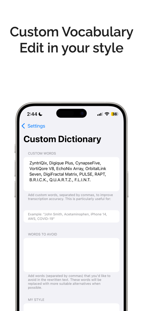 Interface showing the custom dictionary settings in the Brain Dump app to improve voice transcription accuracy for specific terms