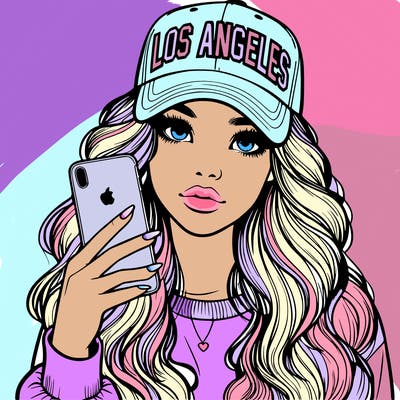 realistic beautiful girl wearing los ángeles cap holding an iphone