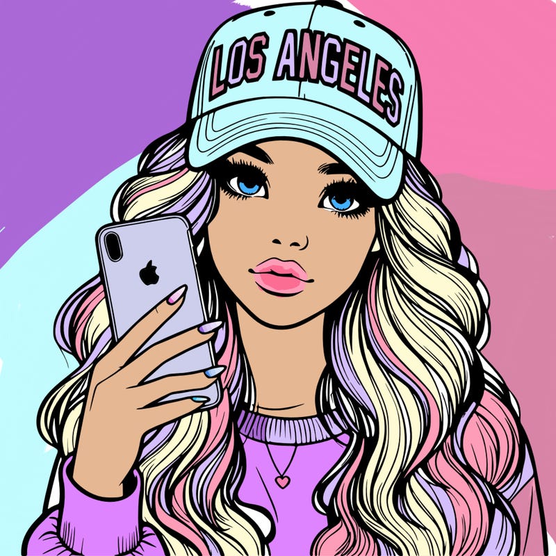 realistic beautiful girl wearing los ángeles cap holding an iphone