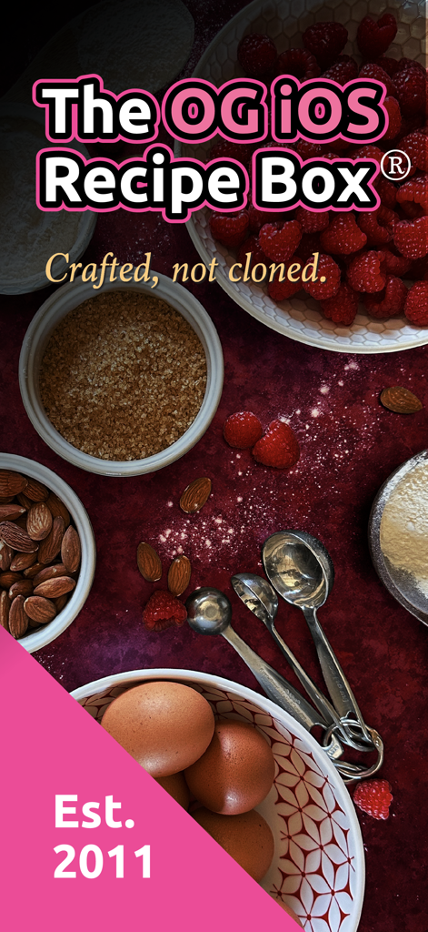 Gráfico promocional para la aplicación The Recipe Box To Go con ingredientes de repostería y texto que destaca su origen en 2011.