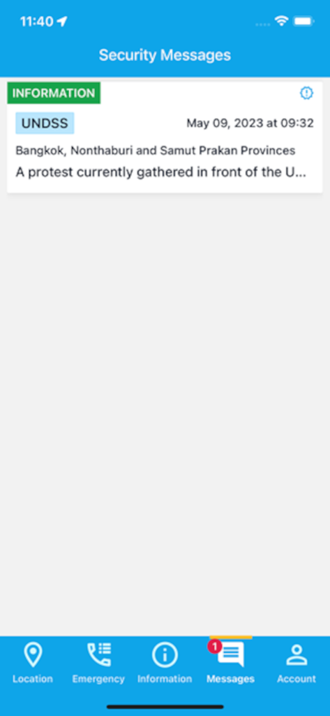 Interfaz de Mensajes de Seguridad de la aplicación Electronic Travel Advisory mostrando una alerta de información de viaje de UNDSS