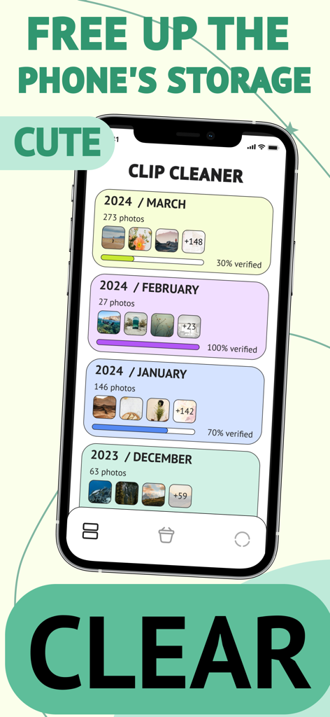 ClipCleaner App-Oberfläche mit Fortschrittsbalken für die monatliche Speicherbereinigung von Fotos auf einem iPhone-Bildschirm