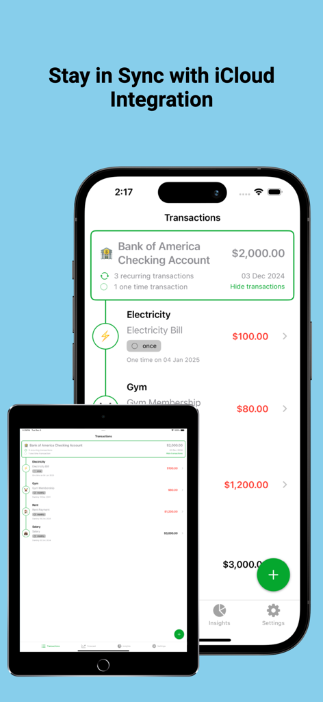 Interfaccia dell'app Cashflow Forecast che mostra transazioni finanziarie sincronizzate tra iPhone e iPad tramite iCloud.