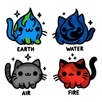4 cats that represent the different elements, earth, water, air, and fire