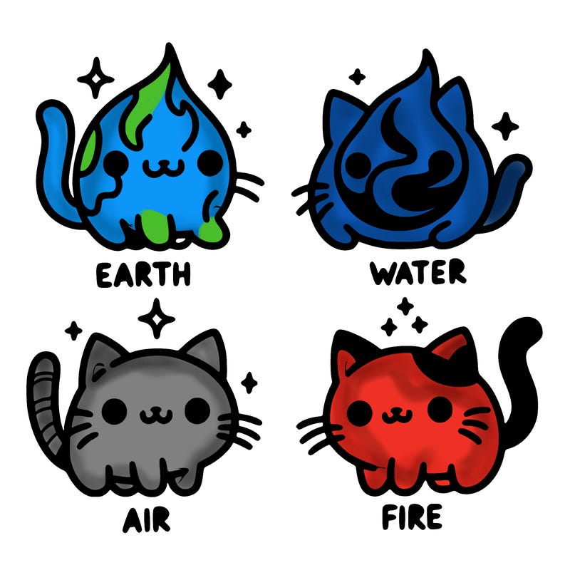 4 cats that represent the different elements, earth, water, air, and fire
