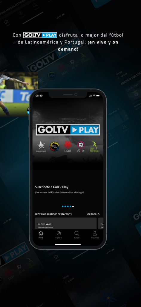 GolTV PLAY - Startbildschirm der GolTV PLAY App auf dem iPhone mit lateinamerikanischen und portugiesischen Fußballligen
