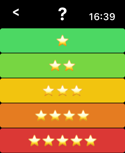 Minesweeper For Watch - Pantalla de selección de nivel de dificultad para Buscaminas en Apple Watch con cinco calificaciones de estrellas de colores