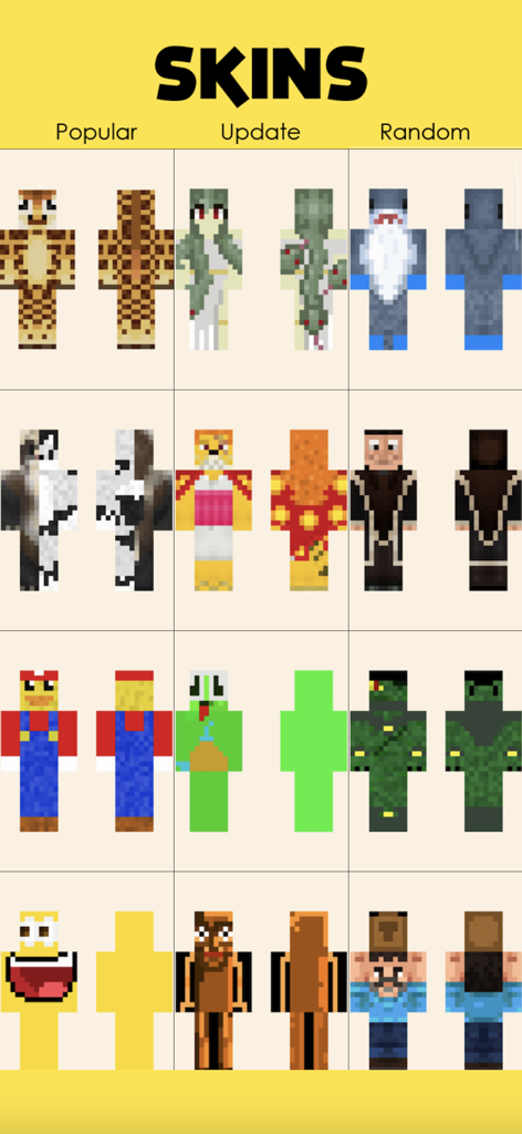 Brainrot Skins For Minecraft - Une grille de skins Minecraft populaires et aléatoires incluant des personnages de mèmes et des animaux