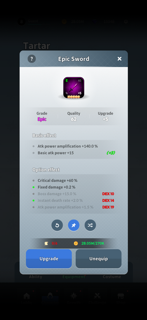 The Legend of Tartar game UI displaying detailed stats and upgrade options for an Epic Sword.