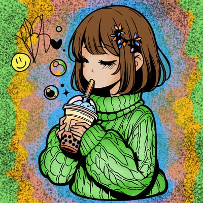 manga girl drinking boba in cozy sweater